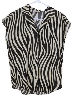 Philosophy Women’s M Zebra Print Blouse Black Cream Button Front Short Sleeve